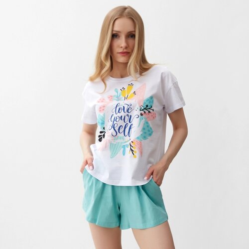 Комплект женский домашний (футболка, шорты), цвет мятный с цветком, р-р 54