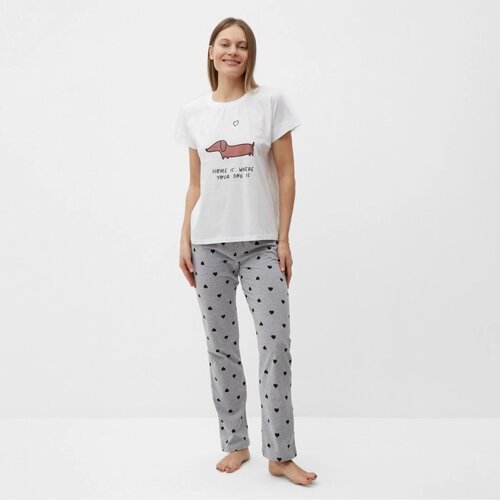 Комплект женский домашний «Такса»футболка, брюки), цвет белый/серый, размер 48