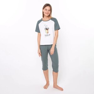 Комплект женский «Wake up»футболка/бриджи), цвет серо-зелёный, размер 54