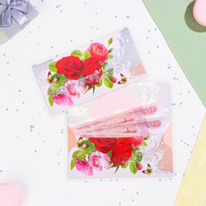 Конверт для денег "С Днём Рождения! бабочка на розе, тиснение, 16,5 х 8,5 см