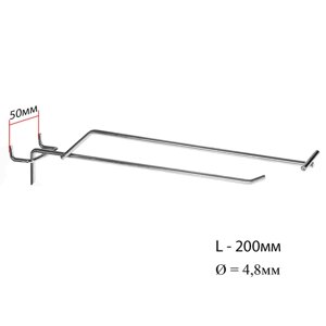 Крючок одинарный с ценникодержателем для металлической перфорированной панели, шаг 50 мм, d=4,8 мм,L=200 мм, цвет хром
