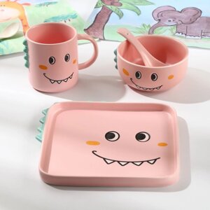 Набор детской посуды из керамики «Дино», 4 предмета: блюдо 19,520,5 см, миска 350 мл, кружка 350 мл, ложка, цвет розовый