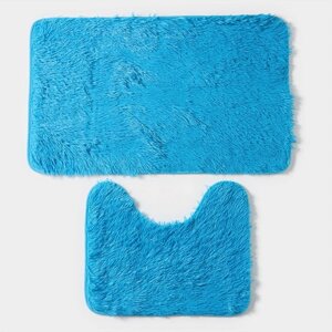 Набор ковриков для ванной и туалета Доляна «Пушистик», 2 шт, 4050, 5080 см цвет голубой