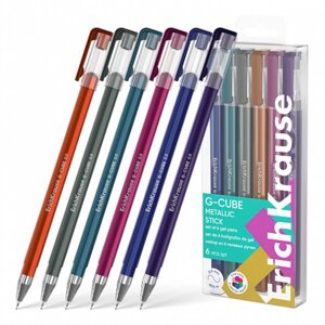 Набор ручек гелевых 6 цветов ErichKrause "G-Cube Stick Metallic" игольчатый узел 1.0 мм, металик микс
