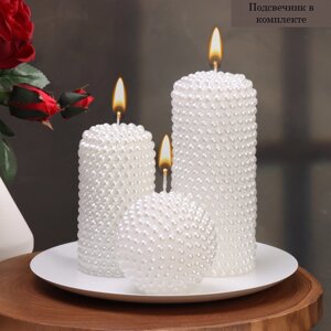 Набор свечей фигурных "жемчужный"4 в 1), с подсвечником, цилиндры, шар, белый (в коробке)