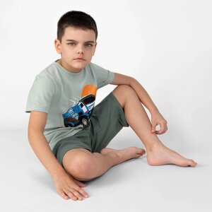 Пижама для мальчика: футболка и шорты «Симпл-димпл», рост 140 см, цвет серый, серо-зелёный