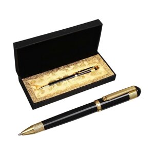Ручка подарочная, шариковая "Вензура" в кожзам футляре, поворотная, корпус черный с золотым