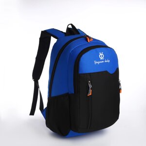 Рюкзак школьный, 2 отдела на молнии, 3 кармана, цвет чёрный/синий