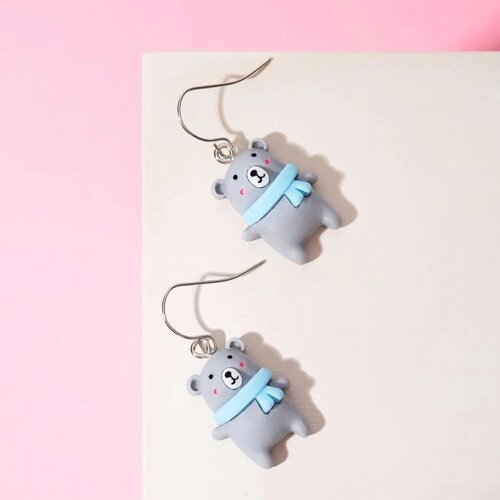 Серьги детские «Выбражулька» мишки, цвет серо-голубой в серебре