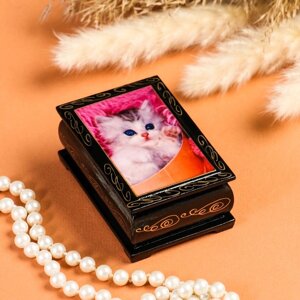 Шкатулка «Белый котенок на розовом пледе», 69 см, лаковая миниатюра