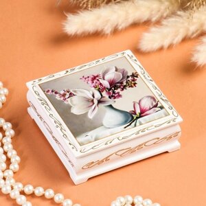 Шкатулка «Цветы в вазочке», белая, 1010 см, лаковая миниатюра