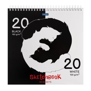 Скетчбук 240 х 240 мм, 40 листов чёрная бумага, 20 листов белая бумага, на гребне Black and white, обложка мелованный картон, жёсткая подложка, блок 100/160 г/м²