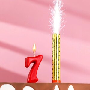 Свеча для торта цифра "Овал" красная "7"фонтан