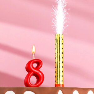 Свеча для торта цифра "Овал" красная "8"фонтан