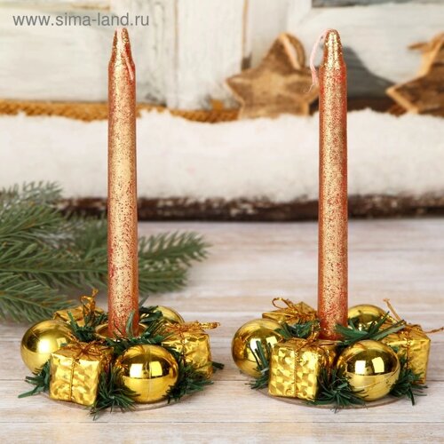 Свеча новогодняя с подсвечником "Шары и подарки"набор 4 шт) 4х13,5х17 см, золото