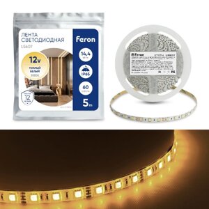 Светодиодная лента Feron 5 м, IP65, SMD5050, 60 LED/м, 14,4 Вт/м, 12 В, свечение тёплое белое