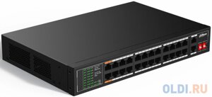 DAHUA DH-SF1026LP 26-портовый неуправляемый коммутатор с РоЕ, 24xRJ45 100Mb PoE, 2xRJ45 1Gb uplink, суммарно 190Вт, коммутация 8.8 Гбит/с, MAC-таблица