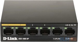 DSS-100E-6P/A1A Неуправляемый коммутатор с 6 портами 10/100Base-TX (4 порта PoE 802.3af/at, PoE-бюджет 55 Вт, дальность до 250 м)10} (461910)