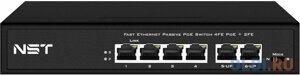 Passive PoE коммутатор Fast Ethernet на 6 портов. Порты: 4 х FE (10/100 Base-T, 52V 4,5(7,8(совместимы с PoE (IEEE 802.3af/at), 2 x FE (10/100