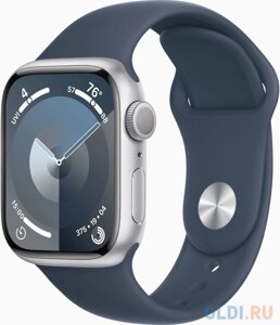 Смарт-часы Apple Watch Series 9 A2978 41мм OLED корп. серебристый Sport Band рем. синий разм. брасл. 130-180мм (MR903LL/A)