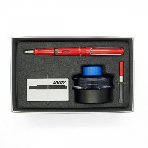Набор ручка перьевая LAMY Safari, F, Красный+Картр. черн. чернила син. конвертер