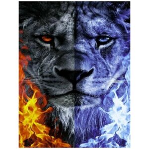Алмазная мозаика на подрамнике 40х50 "Огненный и ледяной лев"Картина стразами