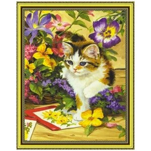 Алмазная мозаика на подрамнике (картина стразами) 40х50 Трехцветный котенок и цветы