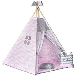 Детский Вигвам/палатка/домик с ковриком, подушкой и подушкой - игрушкой, флажки - 4 шт., кармашек для игрушек и антискладывание "Фламинго"