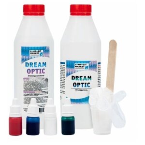 Dream Optic 750 гр. прозрачная смола в наборе с 4 красителями, шпателем, перчатками и мерной тарой