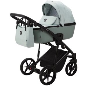 Коляска для новорожденных Adamex Mobi Lux 2 в 1, всесезонная прогулочная детская коляска серо-зеленый текстиль / эко-кожа