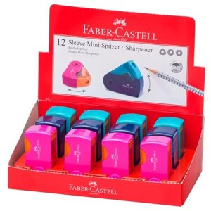 Точилка пластиковая Faber-Castell "Sleeve Mini", 1 отверстие, контейнер, розов. оранж., бирюзов., 12 шт