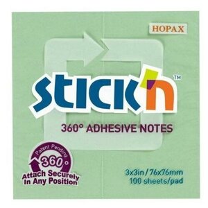 Упаковка блоков самоклеящихся STICK`N 21552, 76x76, 100 л, зеленый, клей по периметру
