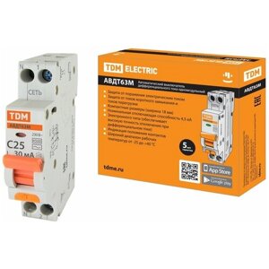 Дифференциальный автоматический выключатель TDM Electric, АВДТ 63М, 25 А, 4.5 кА, С, 30 мА, SQ0202-0062