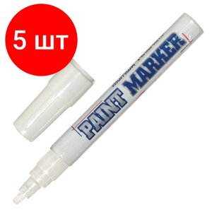 Комплект 5 шт, Маркер-краска лаковый (paint marker) MUNHWA, 4 мм, белый, нитро-основа, алюминиевый корпус, PM-05