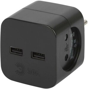 Разветвитель электрический SP-2-USB-B на 2 розетки 220В+ 2xUSB 2400мА без заземл 10А черн. код. Б0049535 | Эра (4шт. в упак.)