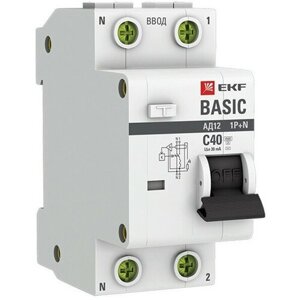 Выключатель дифференциального тока EKF Basic АД-12 1P+N 40А 30мА электронный тип АС C 4.5кА
