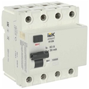 Выключатель дифференциального тока (узо) 4п 63а 30ма тип AC вдт R10N ARMAT IEK AR-R10N-4-063C030