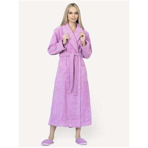 Комплект , халат, тапочки, длинный рукав, карманы, банный, пояс, размер 44, фиолетовый