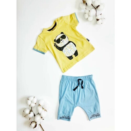 Комплект одежды детский, футболка и шорты, повседневный стиль, манжеты, размер 12-18 мес, голубой, желтый