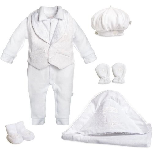 Комплект одежды для мальчиков, комбинезон и шапка и пинетки и рукавицы, нарядный стиль, размер 62, белый