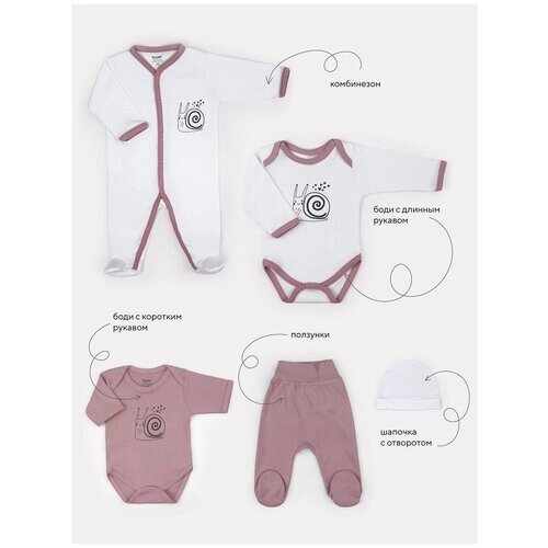 Комплект одежды RANT детский, боди и ползунки и комбинезон и шапка, подарочная упаковка, застежка под подгузник, размер 62, белый, розовый