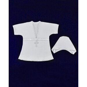 Крестильный комплект: рубашка с чепчиком, размер 62, бел-сер
