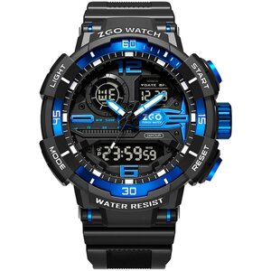 Наручные часы Часы мужские наручные электронные с двойным циферблатом, подсветкой, будильником и секундомером, черный, синий