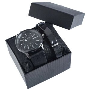 Наручные часы Подарочный набор 2 в 1: d=4.6 см, браслет, черный