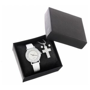 Наручные часы Сима-ленд Подарочный набор 2 в 1 "Эдди"наручные часы, d=3 см, кулон, серьги, белый, серебряный