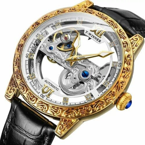 Наручные часы WINNER Новейшие золотые прозрачные Кожаный скелетоны Пользовательские механические автоматические для мужчин, золотой, белый