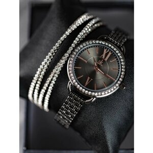 Наручные часы женские с браслетом, кварцевые, подарочный комплект, черный