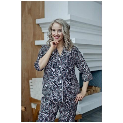 Пижама Pijama Story, рубашка, брюки, укороченный рукав, пояс, карманы, пояс на резинке, размер L, черный