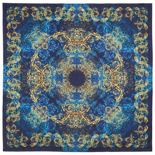 Платок Павловопосадская платочная мануфактура,135х135 см, синий, золотой