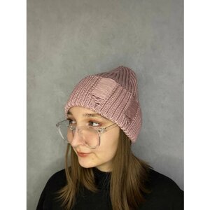 Шапка бини Шапка бини с отворотом, шапка рванка, вязаная, осень-зима демисезонная, хлопок, размер 52-58, розовый